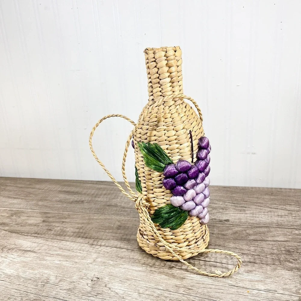 1970s Wine Bottle Holder, Hand-Woven Sea Grass Grapes & Leaves | Boho Bar Decor‎